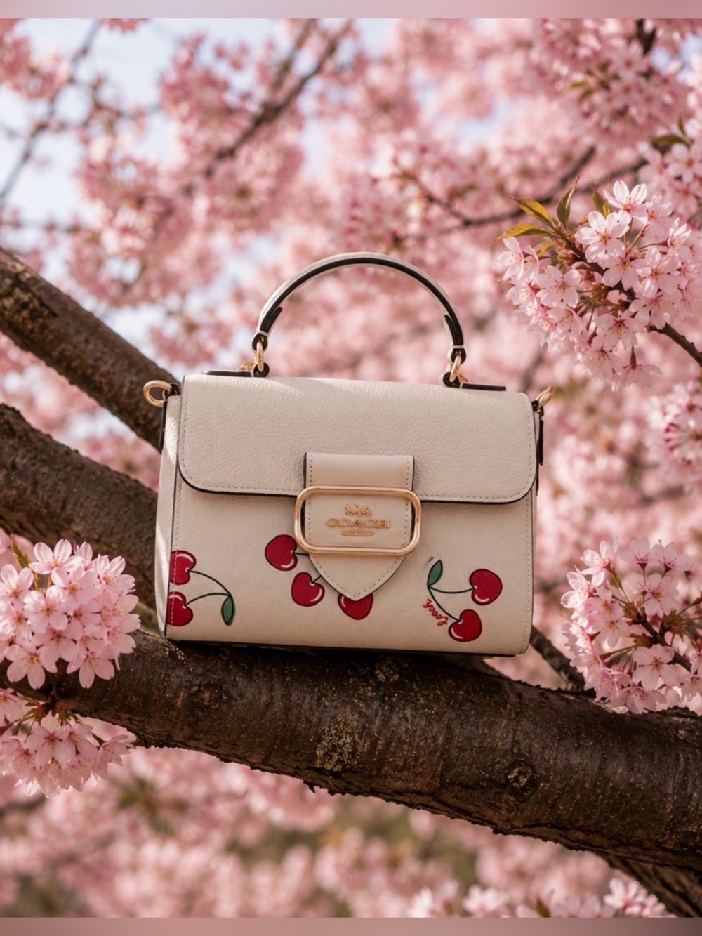 Coach White Cherry-Print Leather Satchel with Gold Hardware